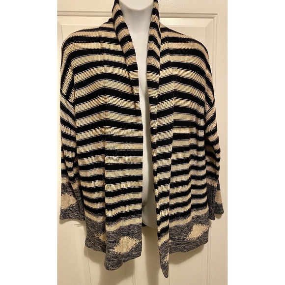 Womens Ralph Lauren Jeans Sweater Cardigan Black Brown Striped Large Linen Blend - Picture 1 of 5